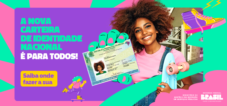 Mulher negra sorri mostrando a nova identidade. Texto: Saiba onde fazer a nova carteira nacional de identidade