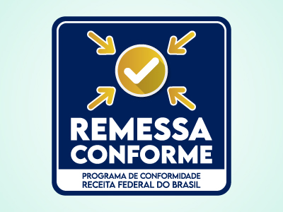 Tela azul com setas amarelas. Remessa Conforme. Programa de Conformidade Receita Federal do Brasil. Texto: O que é? Como funciona?