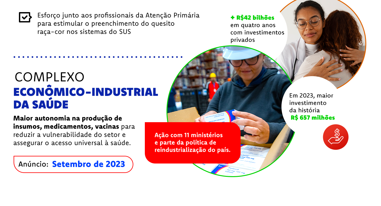 Complexo Econômico e Industrial da Saúde - Maior autonomia na produção de insumos, medicamentos, vacinas para reduzir a vulnerabilidade do setor e assegurar o acesso universal à saúde.