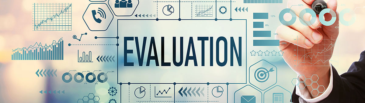 Digital image with EVALUATION in the center and diagrams of charts and data surrounding it