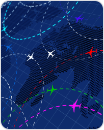 Multi-colored planes on flight paths across the globe