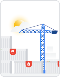 Stylized thumbnail of an industrial crane and shipping containers. One container has a red key, one has a locked padlock, one has a red shield with a person on it 