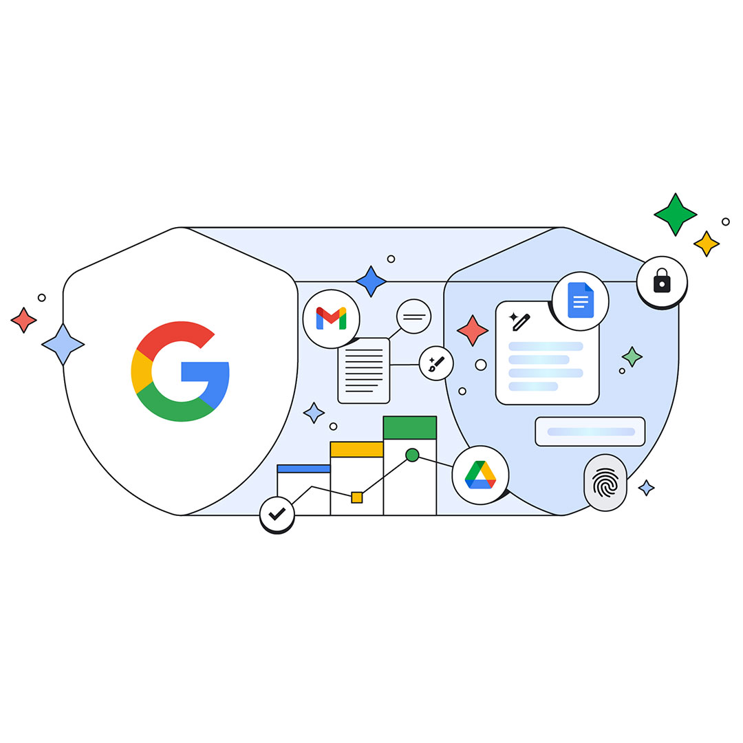 A glimpse inside the Safer with Google shield, that contains icons and illustrations of Google's products and features