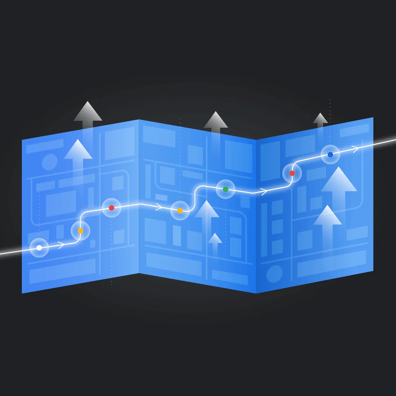 Illustration of a blue map with a white path and colored waypoints, overlaid with arrows indicating progress.