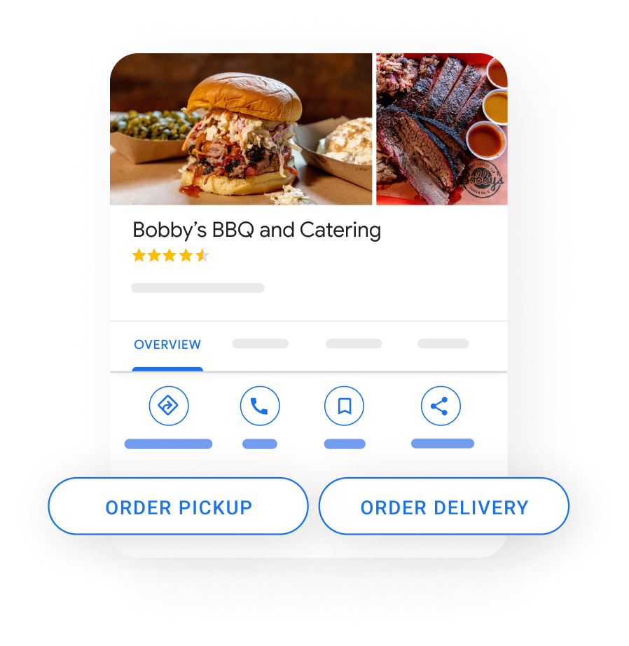 Image of a Business Profile in a mobile device popping out the buttons for order pickup and order delivery