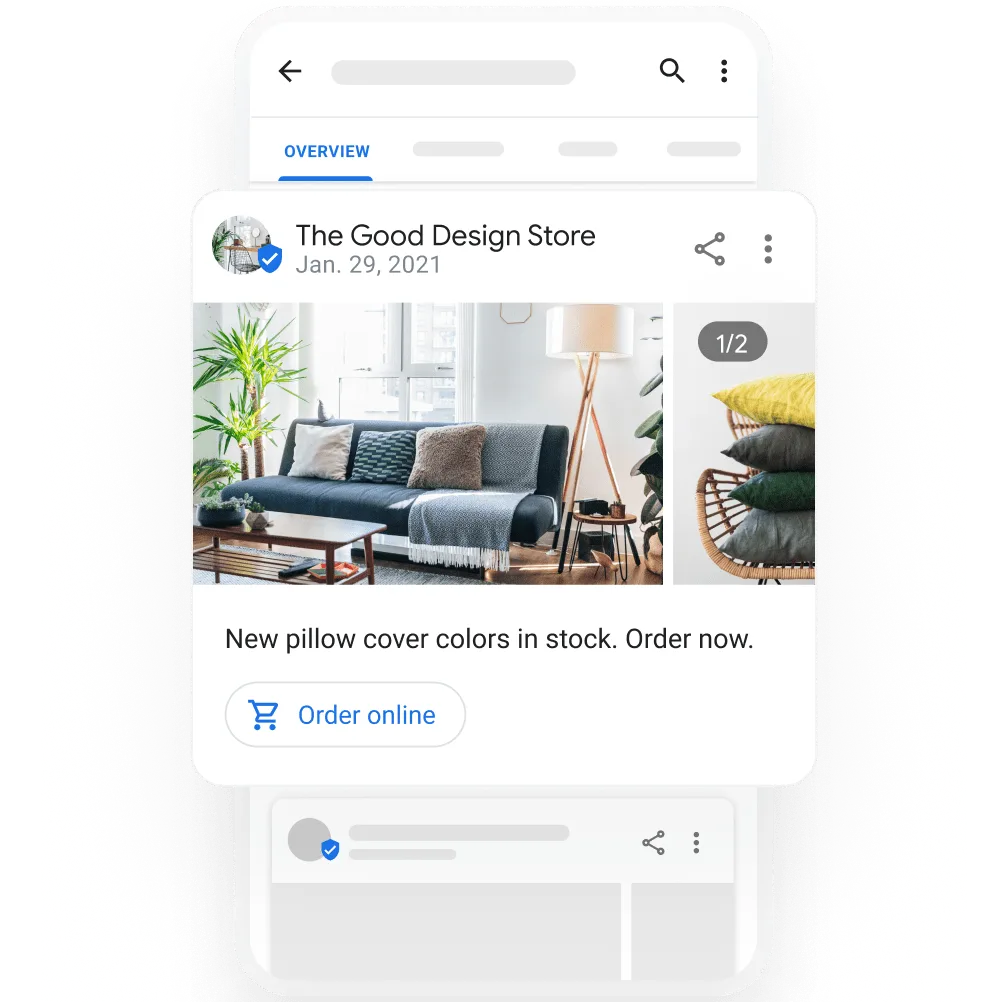 Image of a Business Profile showing a post promoting a special offers, events, and updates. On the post, image of pillows on a living room and on a chair. post text: New pillow cover colors in stock.  Order now.