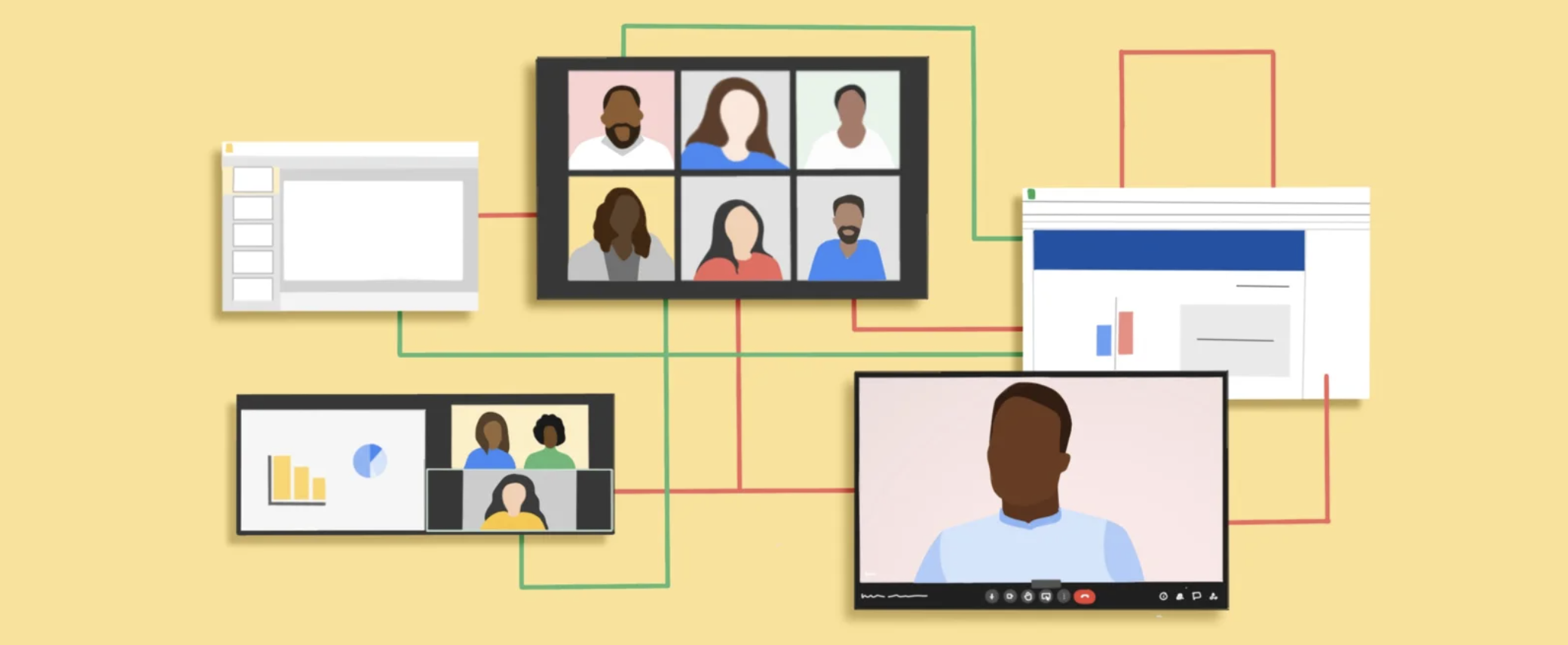 Illustration of faces on videocalling screens, joined by lines, on a yellow background. The faces have no features other than hair. 