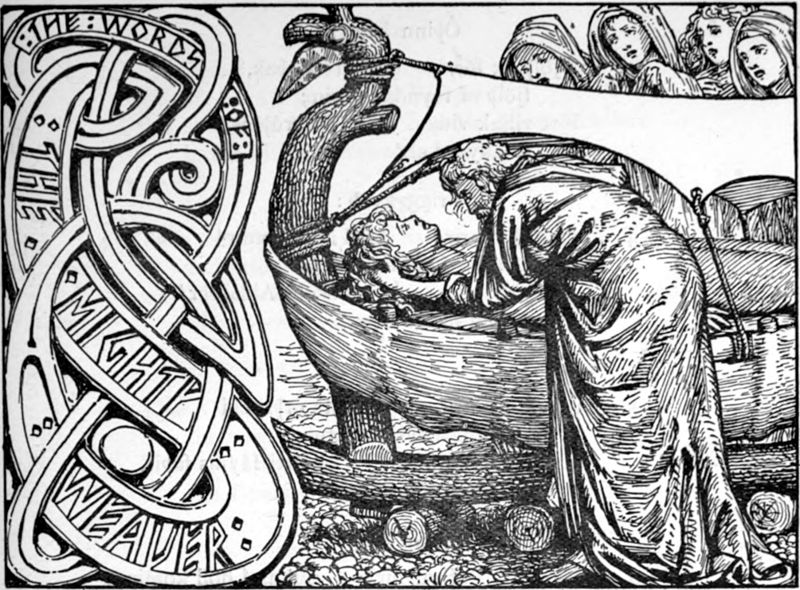 The god Odin whispers in the ear of the dead Baldr, lying in the boat, from The Elder Edda; commonly known as Sæmund's Edda. Photo Credit: © W.G. Collingwood via Wikimedia Common.