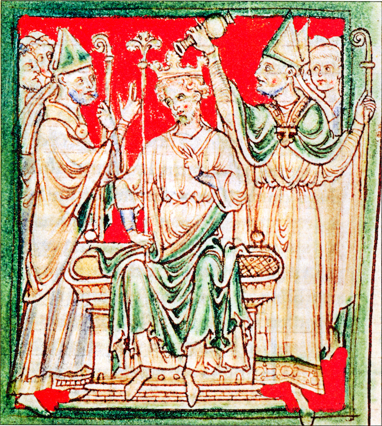 Richard I being anointed during his coronation in Westminster Abbey, from a 13th-century chronicle. Photo Credit: © Public Domain via Wikimedia Commons.