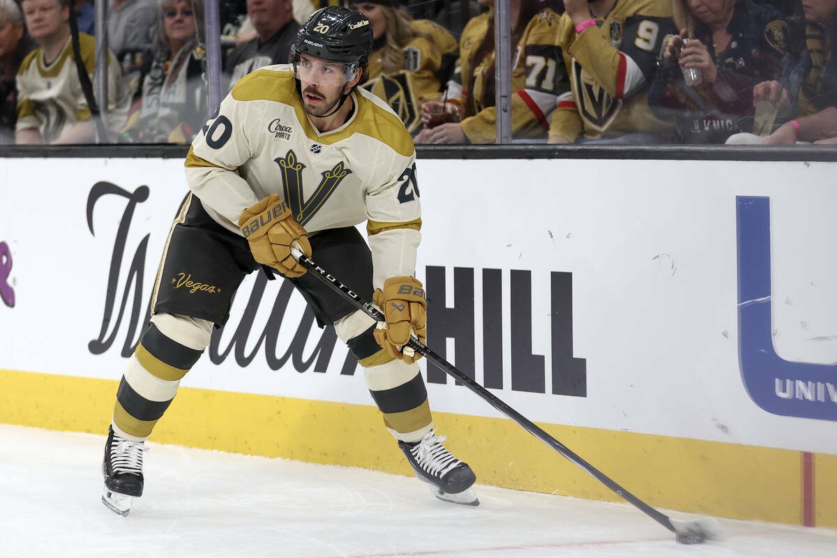 Golden Knights center Chandler Stephenson (20) skates with the puck during the third period of an NHL hockey game against the Flames at T-Mobile Arena on Saturday, Jan. 13, 2024, in Las Vegas. (Ellen Schmidt / Las Vegas Review-Journal)