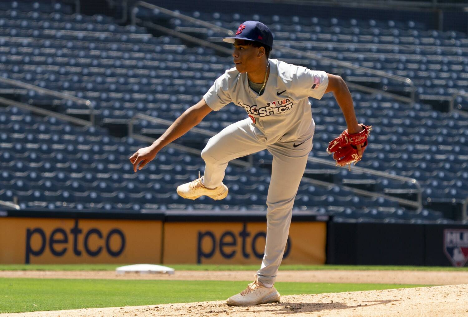 Jurrangelo Cijntje pitches at the 2022 MLB Draft Combine held at Petco Park on Wednesday, June 15, 2022 in San Diego, CA. Cijntje, from Mississippi State, was the Mariners’ first pick in the 2024 MLB Draft. (Nelvin C. Cepeda / The San Diego Union-Tribune)