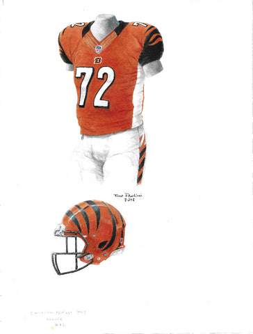 This is an original watercolor painting of the 2013 Cincinnati Bengals uniform.