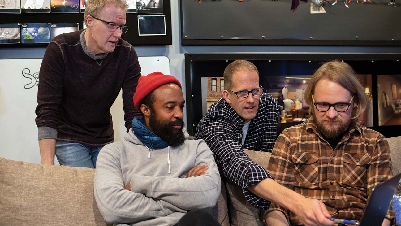 From left: Soul production designer Steve Pilcher, consultant Bradford Young, director Pete Docter and director of photography Ian Megibben at Pixar Studios in Emeryville, California.