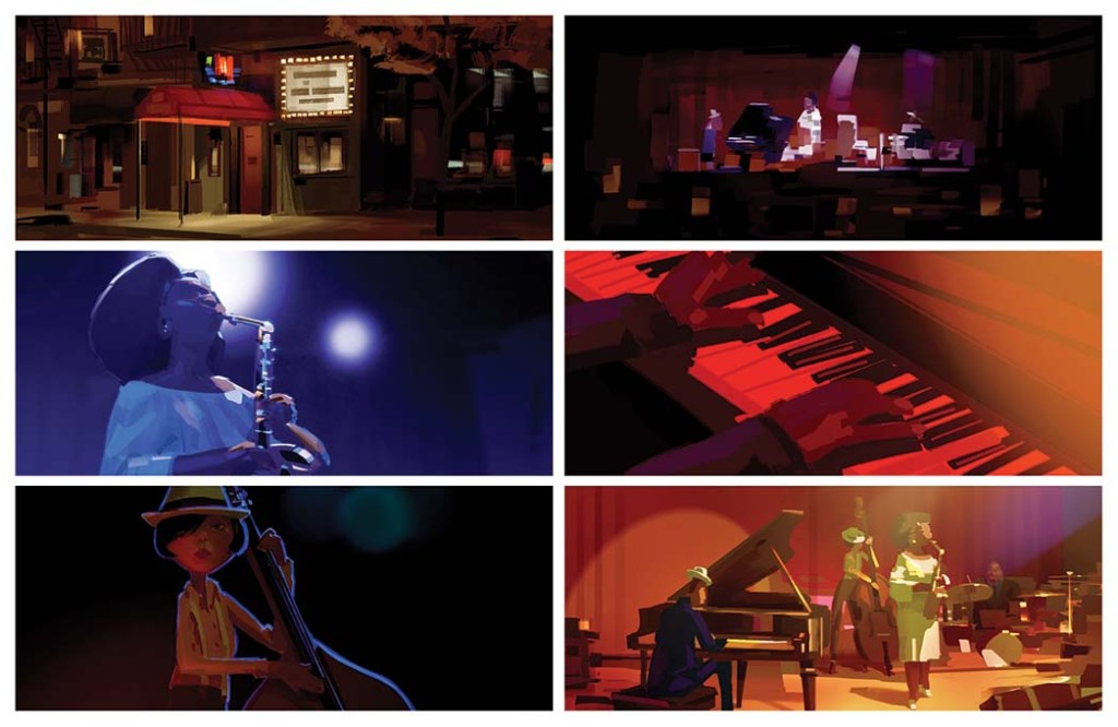 A sequence in the Half Note jazz club, which was inspired by actual NYC venues like the Blue Note and the Village Vanguard. Joe, on piano, accompanies a fictional jazz legend, saxophonist Dorothea Williams, voiced by Angela Bassett.