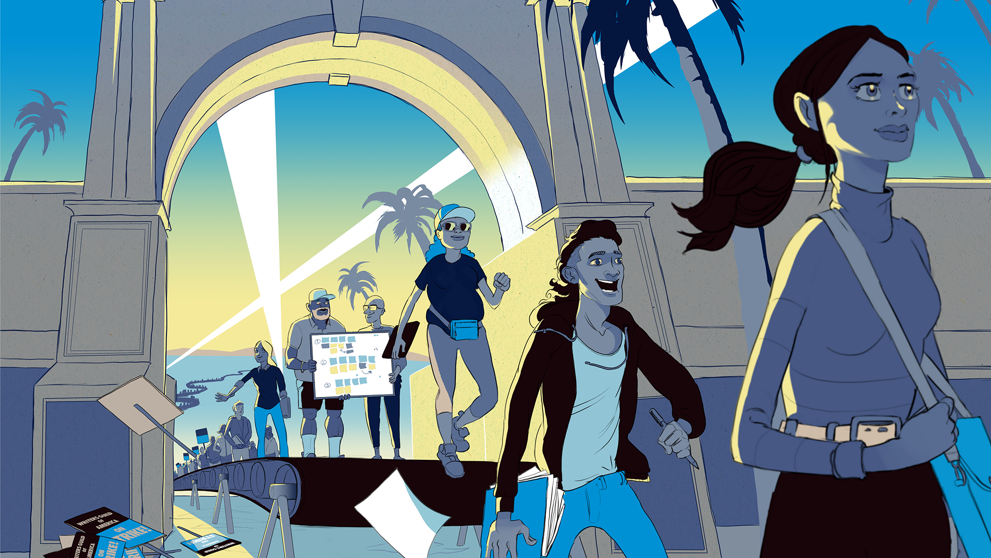 illustration of people coming off of a giant treadmill belt through the gates of a studio underneath palm trees