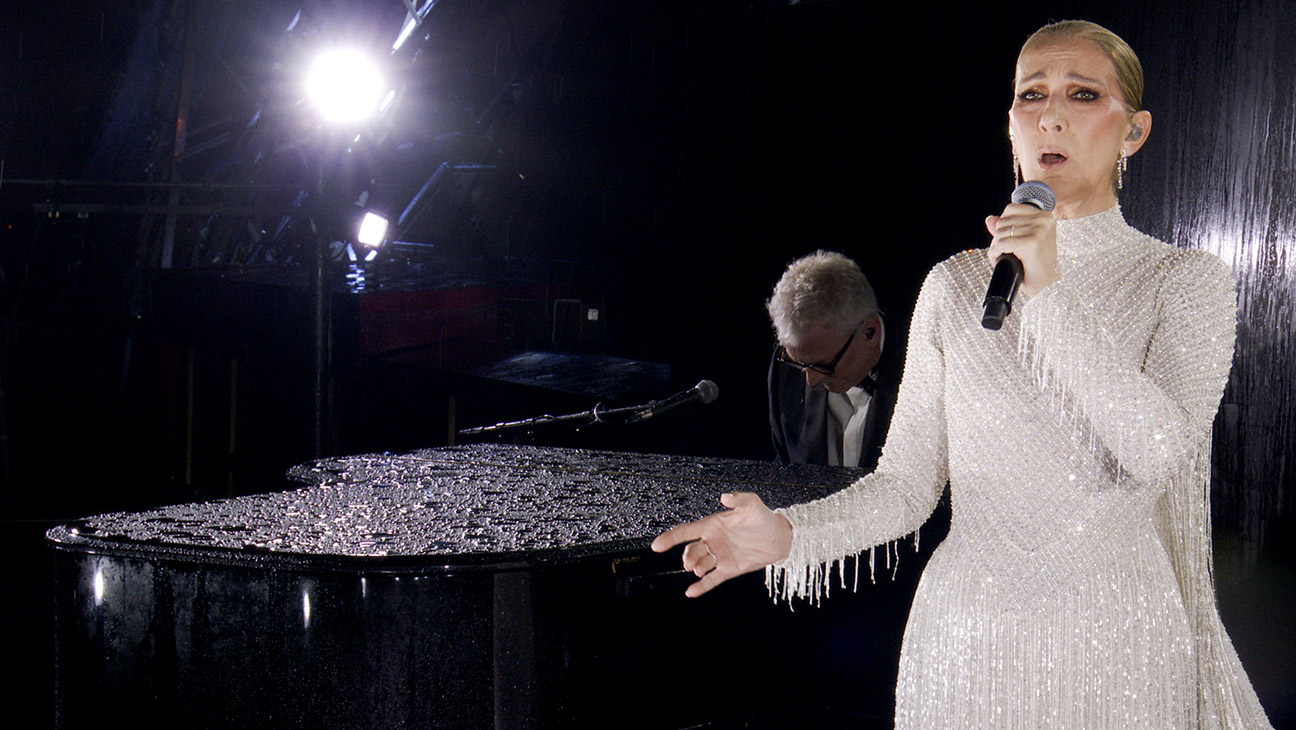 This handout released by the Olympic Broadcasting Services, shows a view of singer Celine Dion performing on the Eiffel Tower during the opening ceremony of the Paris 2024 Olympic Games Paris 2024 on July 26, 2024 in Paris, France.