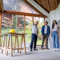 A remodeling contractor talking to clients about renovating and remodeling their house.