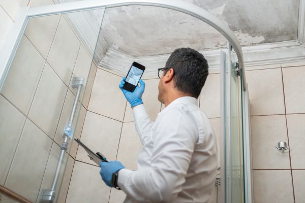 A home insurance adjuster taking photos of a spot with mold in a home.