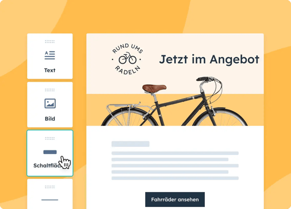 Vereinfachte HubSpot-Benutzeroberfläche, mit der Nutzende eine E-Mail-Nachricht erstellen und mit dem Drag-and-Drop-Editor eine CTA-Schaltfläche hinzufügen können