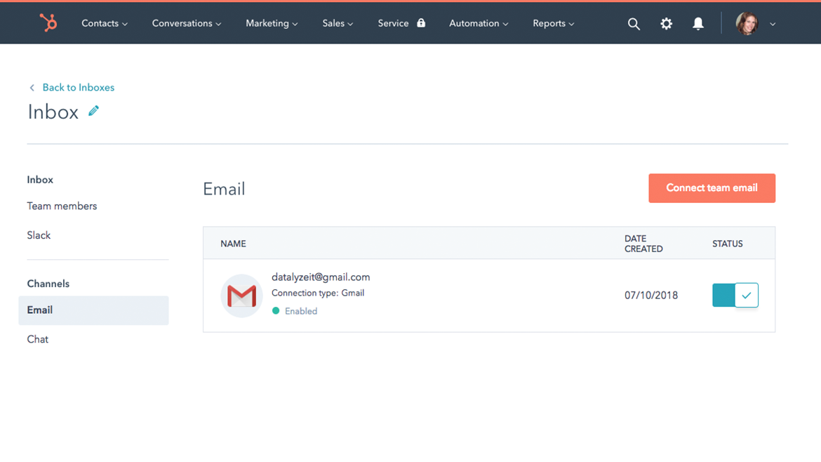 HubSpot UI showing how a user would connect their personal email to HubSpot's team email
