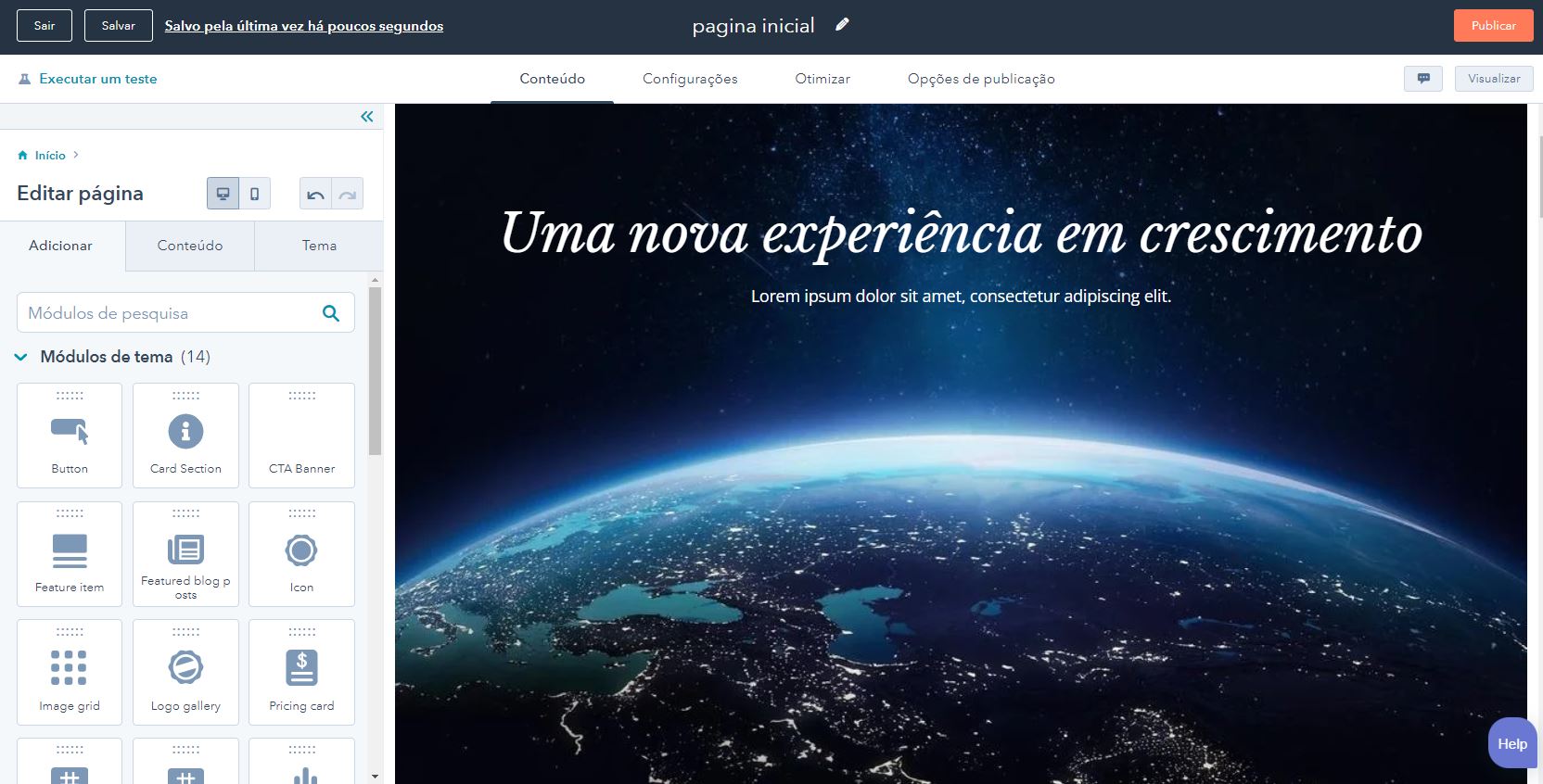 Captura de tela do editor de arrastar e soltar disponível no CMS Hub da HubSpot 