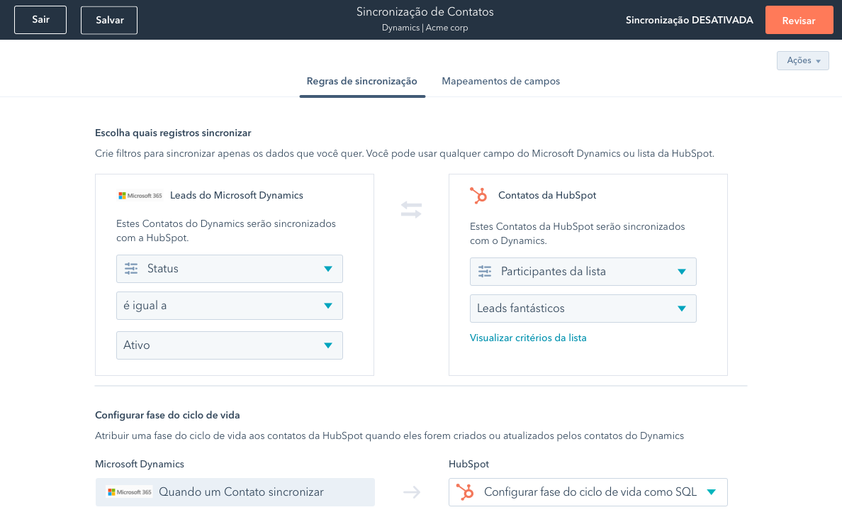 Captura de tela da função de sincronização de contatos, disponível no Operations Hub da HubSpot