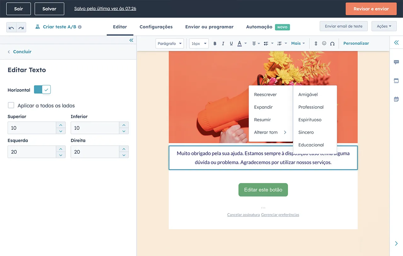 gerador de e-mail com IA da HubSpot muda tom de escrita em campanha de e-mail marketing