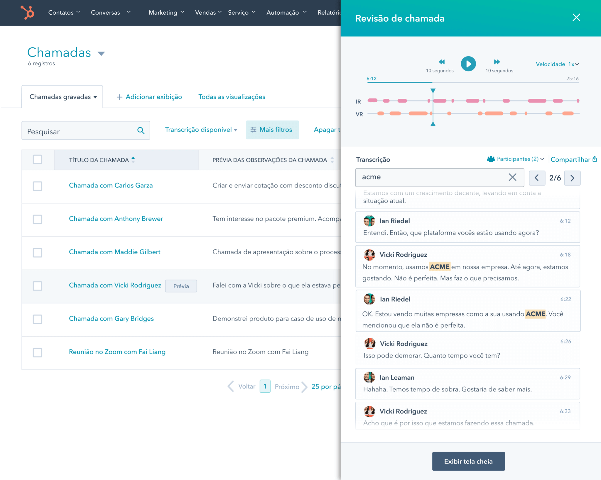 Pesquisa de painel de revisão de chamadas para concorrente  disponível no Sales Hub da HubSpot