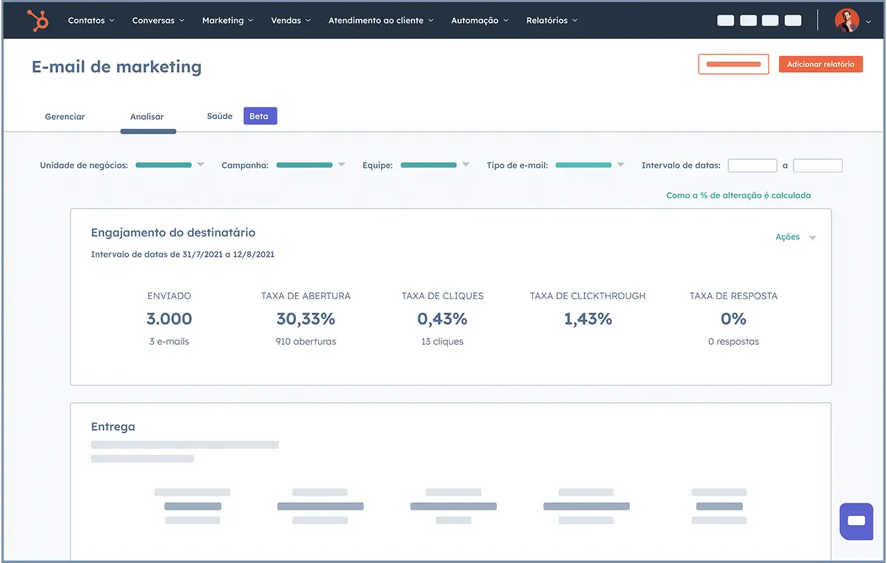 captura de tela mostra dados de campanhas de e-mail marketing no relatório da HubSpot 