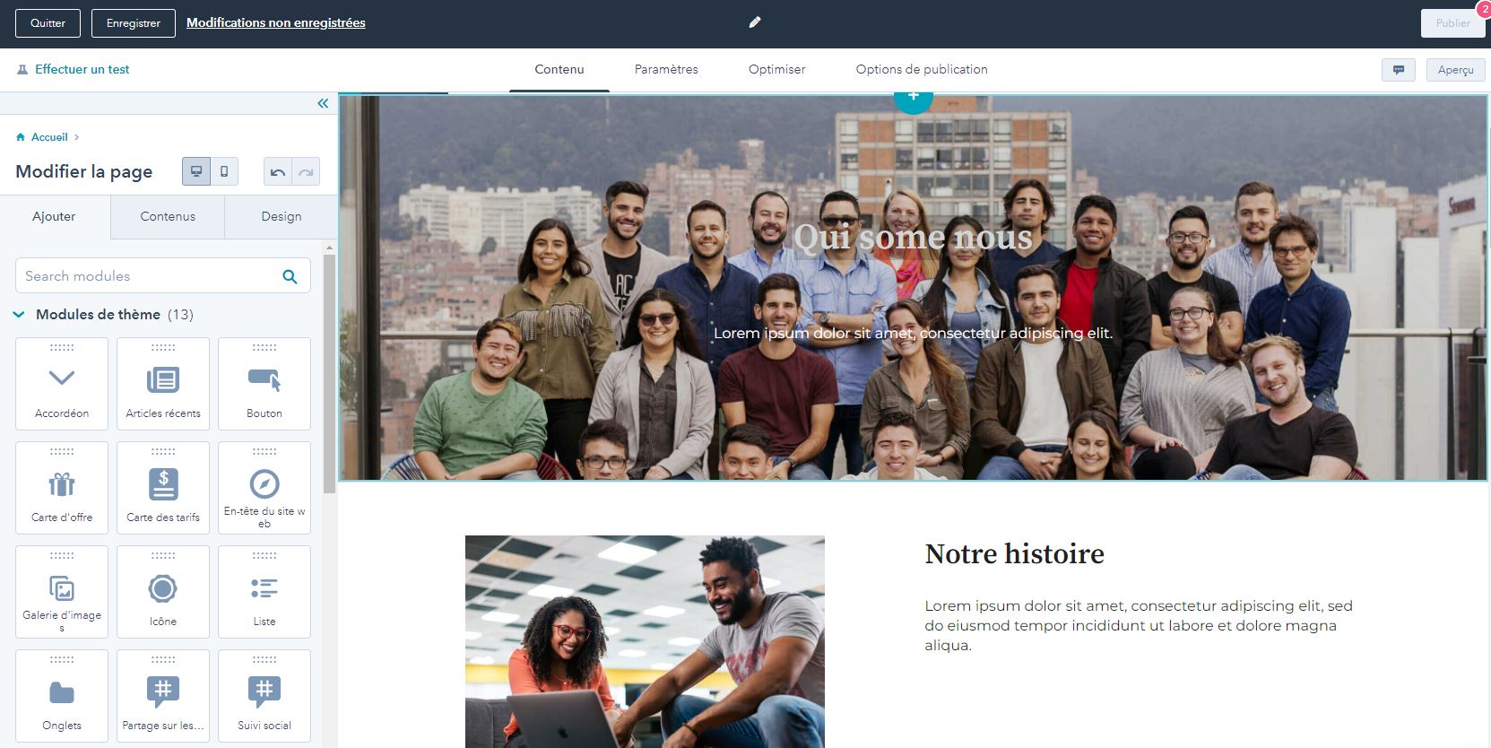 création d'une page de site web