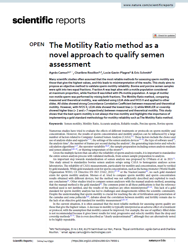 New Scientific Report. The Motility Ratio method as a novel approach to qualify semen assessment