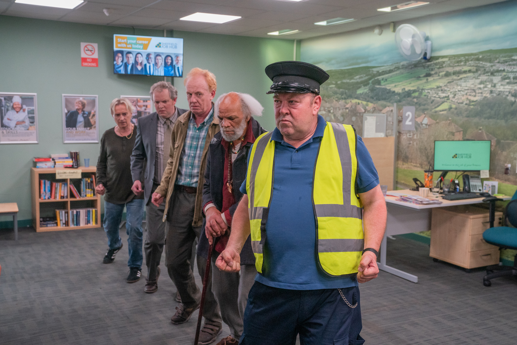 The Full Monty "Welcome to the Job of your Dreams" Episode 6 (Airs Wednesday, June 14) -- Pictured: (l-r) Robert Carlyle as Gaz, Miles Jupp as Darren, Paul Barber as Horse, Mark Addy as Dave. CR: Ben Blackall/FX