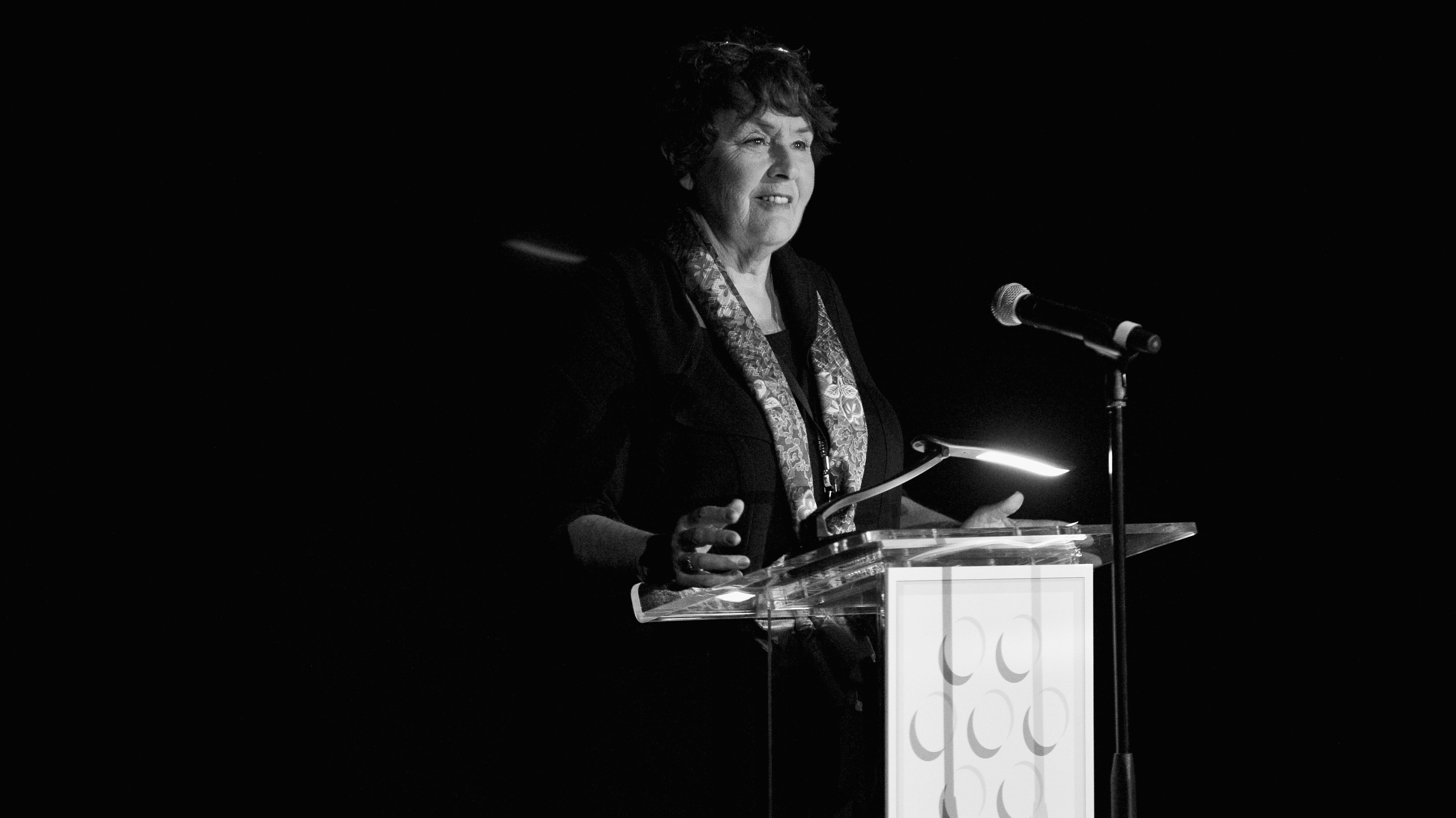 LOS ANGELES, CA - APRIL 07:  (EDITORS NOTE: Image was shot in black and white. Color version not available) Filmmaker/author Cari Beauchamp speaks onstage during the 2017 TCM Classic Film Festival on April 7, 2017 in Los Angeles, California. 26657_003  (Photo by Charley Gallay/Getty Images for TCM)