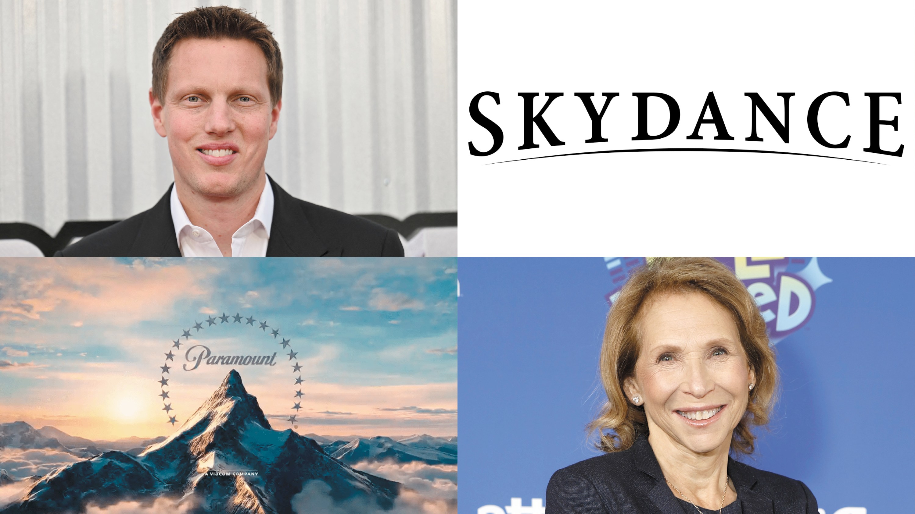 David Ellison and his Skydance logo. The Paramount logo and Paramount controller shareholder Shari Redstone