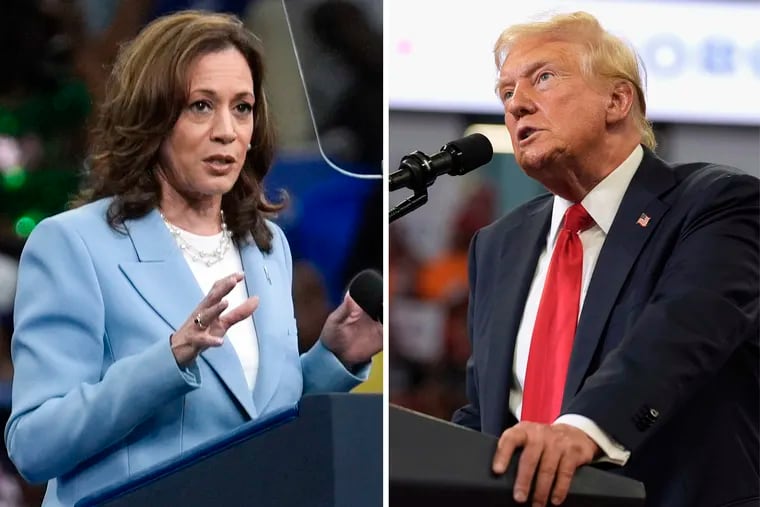 This combination of photos taken at campaign rallies in Atlanta shows Vice President Kamala Harris on July 30, 2024, left, and Republican presidential candidate former President Donald Trump on Aug. 3.