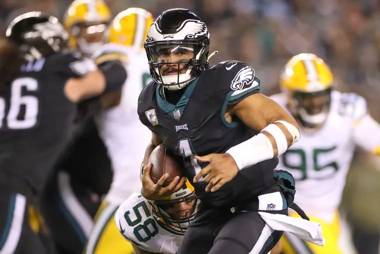 Eagles quarterback Jalen Hurts will have a tough task against a capable Green Bay front seven.