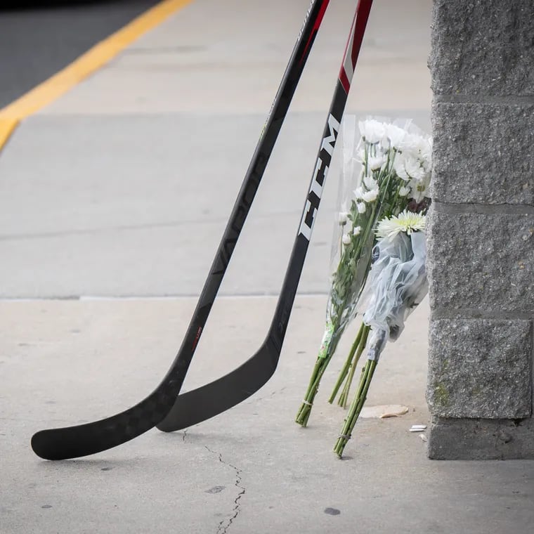 A memorial for Johnny Gaudreau at the Hollydell Ice Arena on Friday.