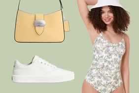 Woman in Floral Bathing Suit, Yellow Coach Handbag, and White Cariuma Sneakers
