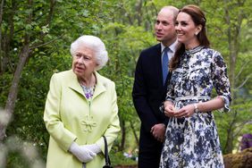 Queen Elizabeth Green Jacket Looking to Side, Prince William, and Kate Middleton Floral Dress Smiling 'Back to Nature Garden' During 2019 RHS Chelsea Flower Show