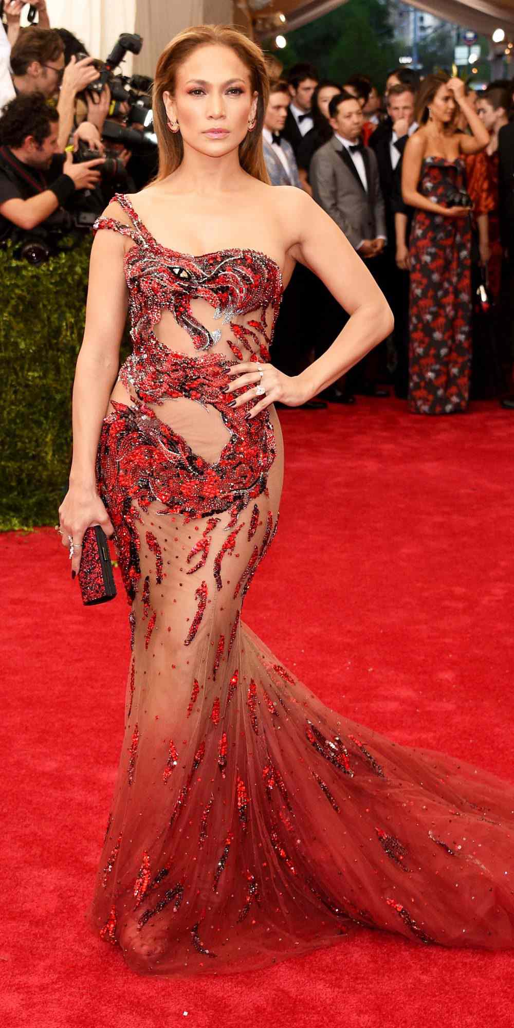 Jennifer Lopez in a red dragon dress at the 2015 Met Gala