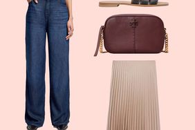 Wide Leg Jeans, Slip On Sandals, Burgundy Hand Bag, and Long Pleated Skirt