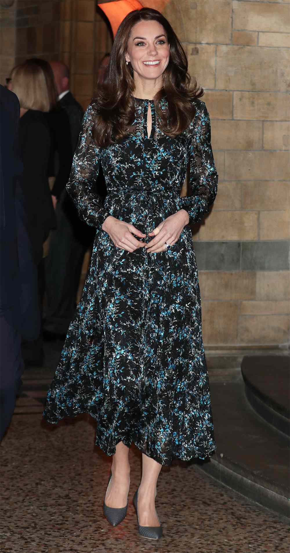 Kate Middleton in a black and blue printed L.K. Bennett dress and pointy pumps