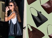 bella hadid carrying black leather coach bag next to a collage of leather bags