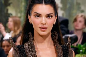 Kendall Jenner Posing Eyebrow Slightly Raised Looking at Camera Hair Styled in Twists Beaded Dress With Collar 2024 Met Gala