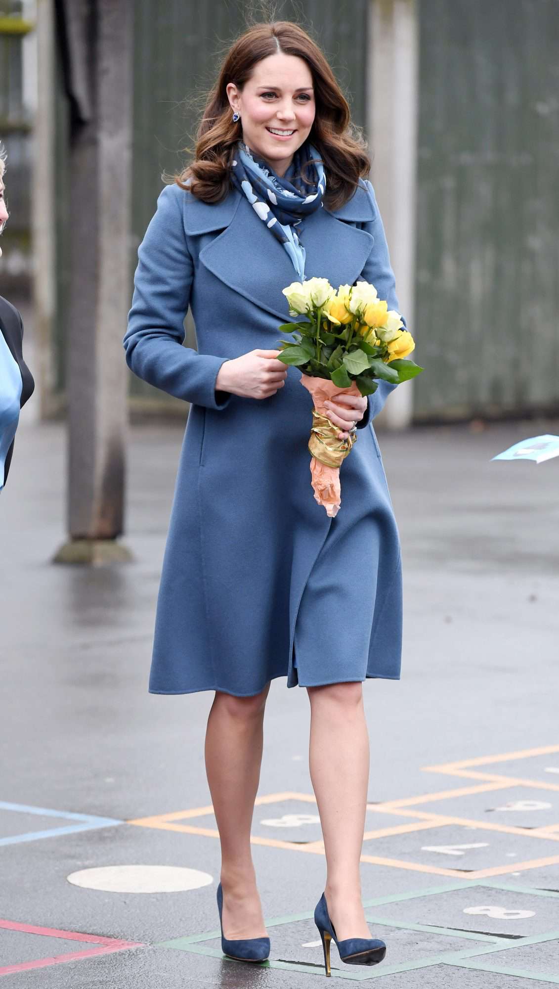 Kate Middleton in a dusty blue Sportmax coat with suede pumps