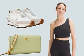 Sneakers, Green Wallet, and Woman in One Strap Top