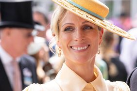 Zara Tindall Wearing Yellow Sheer Dress Wide-Brimmed Hat Smiling at 2024 Royal Ascot