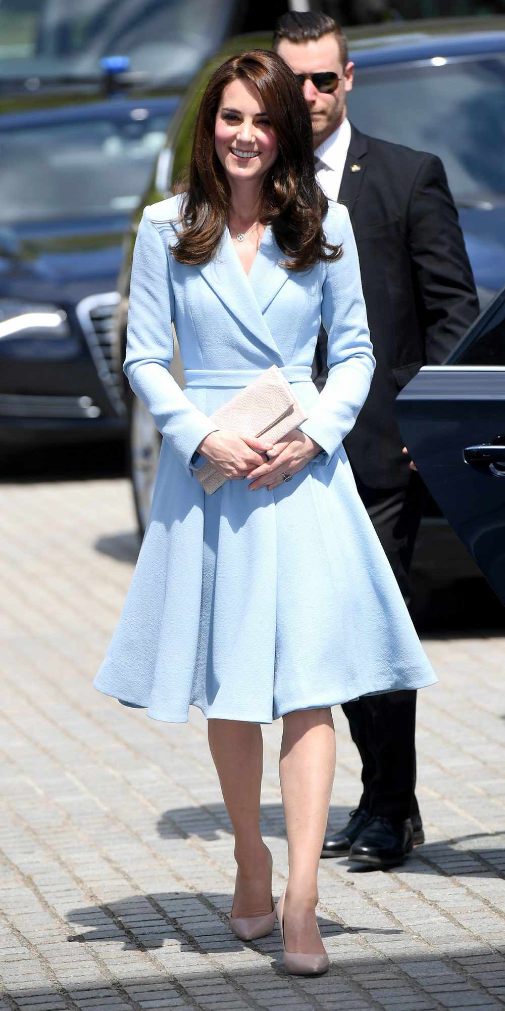 Kate Middleton in a baby blue coatdress by Emilia Wickstead 