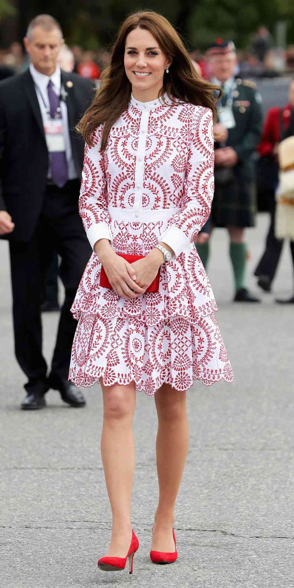 Kate Middleton in a red and white dress by Alexander McQueen