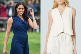 White Linen Outfit and Meghan Markle in Blue Linen Dress